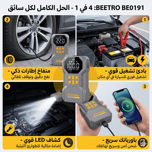 BEETRO  بادئ تشغيل مركبات ومنفاخ إطارات رقمي 4 في 1 - 18000 mAh